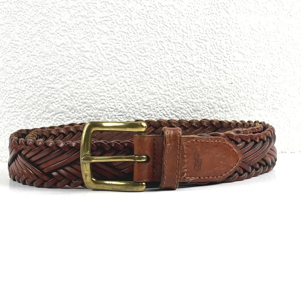 Polo Ralph Lauren Braided Belt Mens 40 Brown Woven Leather Solid Brass Buckle